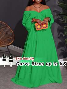 SHEIN CURVE+ Plus Size V-Neck Dress For Summer Holiday, Orange Boho Vacation Beach Outfits For Woman/Beach Dress/Beach Vacation Outfits/Beach Essentials / Graduation/Tea Party Dress - Green - View 1