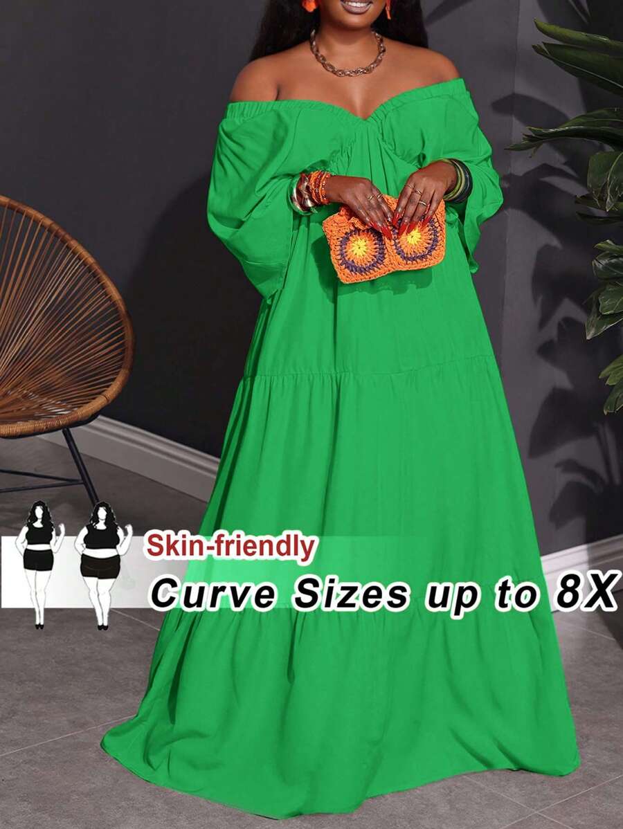 SHEIN CURVE+ Plus Size V-Neck Dress For Summer Holiday, Orange Boho Vacation Beach Outfits For Woman/Beach Dress/Beach Vacation Outfits/Beach Essentials / Graduation/Tea Party Dress - Green - View 1