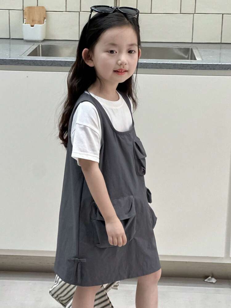 Young Girl Plain Round Neck Short Sleeve T-Shirt And Utility Pocket Suspender Dress 2-Piece Set,Girls Summer Outfits