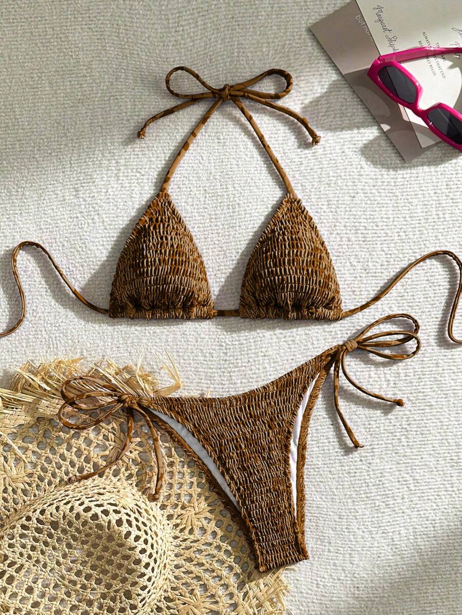 Swim Vcay 简约纯色露背女式泳衣套装 - 棕色 - 查看 1