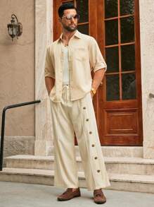 Manfinity VCAY Men's Woven Casual Everyday Loose Elastic Waist Straight Leg Pants Wide Leg - White - View 3