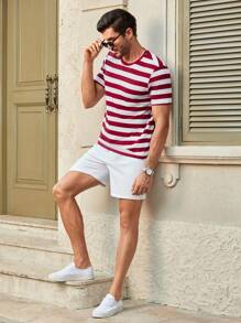 Manfinity VCAY 2 Stück lässiges gestreiftes figurbetontes Schulter T-Shirt Set für Herren, Herren Sommer Outfits - Verschiedenfarbig - Übersicht 3