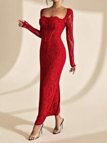 SHEIN PETITE Đầm Maxi Đen Ôm Hông Cổ Vuông Ren Hình Chữ S Gợi Cảm Cho Nữ, Tay Dài, Cúp Ngực, Cổ Xương Cá, Dự Tiệc Mùa Hè Mới - Đỏ - Xem 6