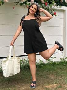 SHEIN EZwear Plus Size Black Woven Knot Cami Romper - Black - View 3