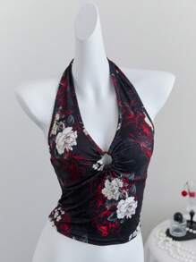 Elamini 女式夏季度假花卉印花O形环褶饰胸前露背吊带短款上衣