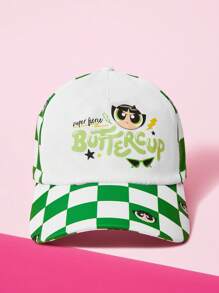 THE POWERPUFF GIRLS X SHEIN Checkerboard And Buttercup Pattern Fashionable Baseball Cap - White - View 2