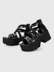 ROMWE Giày cao gót đế xuồng phong cách La Mã cổ điển thường ngày màu đen cho nữ, giày đế xuồng đế dày, đế xuồng dày, có dây đeo chéo đinh tán kiểu Gothic Punk, khóa kéo phía sau - màu đen - Xem 4