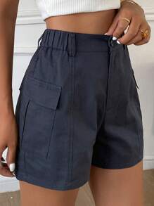 DAZY 女士夏季松紧腰拼接抽绳腰部工装口袋街头时尚休闲短裤 - 藏蓝色 - 查看 6