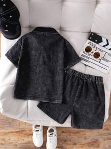 SHEIN 年轻男孩夏季休闲宽松黑色 2 件套 - 短袖衬衫和夹克，户外街头时尚风格 - 黑色 - 查看 2