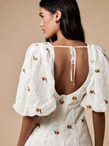 MISSGUIDED Sunflower Embroidered Mini Dress With Puff Sleeves Square Neck Summer Garden Party Wedding Guest Fitted A Line Ruched Back Occasion Dress - White - View 6