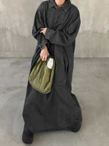 FRIFUL 女式宽松蓝色水洗牛仔褶皱连衣裙 - 灰色 - 查看 5