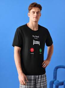 Notgurli 休闲“我的床”图案舒适套头 T 恤，适合年轻男士、家居服 - 黑色 - 查看 4