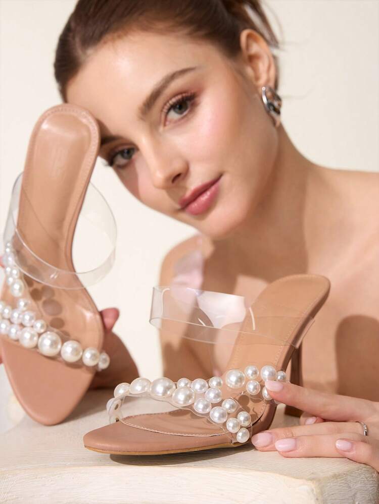 CUCCOO CHICEST Sandalias de tacón alto elegantes y sexys para mujer, de nuevos diseños de verano con perlas, puntera redonda, tacón de aguja, de piel sintética de PVC en color caqui. Zapatos de novia, vestido formal, fiesta, tarde de té y ocasiones especiales