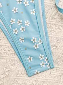 Swim Mod 2pcs Women Summer Beach Vacation Sweet & Cute Random Printed Mesh Swimwear Set - Blue - View 5