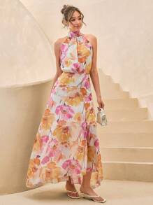 CLARA VERO Vestido largo con cremallera en la parte posterior y estampado floral para mujeres