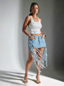 Denimoi 流苏接缝做旧低腰牛仔迷你裙 - 淺色水洗藍 - 查看 3