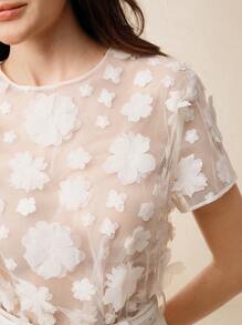 Anewsta Women's Elegant Round Neck Short Sleeve Floral Mesh Hollow Blouse - White - View 2