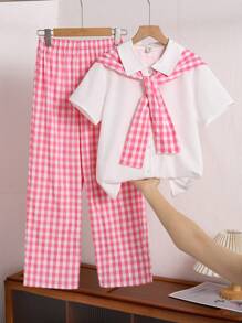 Conjunto de camiseta para niñas (talla grande), conjunto de moda para niñas preadolescentes con camisa blanca, chal a cuadros rosas y blancos, y pantalones, atuendo casual para verano y vacaciones