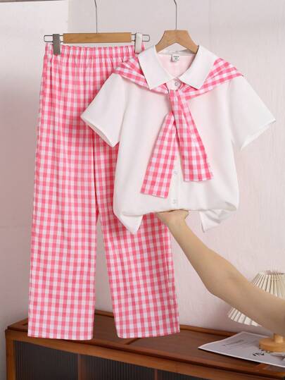 Girls (Plus) T-Shirt Set, Fashion Outfit For Tween Girls White Shirt With Pink & White Plaid Shawl And Pants, Casual Summer Holiday