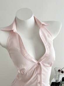 Elamini 棕色女式无袖荷叶边下摆休闲衬衫 - 西瓜粉 - 查看 1