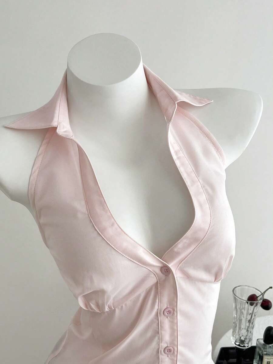 Elamini 棕色女式无袖荷叶边下摆休闲衬衫 - 西瓜粉 - 查看 1