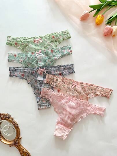 PetitDoll 5件套女士碎花荷叶边蝴蝶结装饰可爱丁字裤