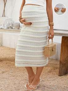 SHEIN Solid Color Adjustable Fitted Maternity Knee-Length Cake Hem Skirt   Maternity Skirts - Apricot - View 9
