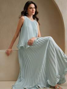 Anewsta Bộ áo hai mảnh không tay xếp nếp thanh lịch lãng mạn cho ngày lễ, tiệc tùng, hẹn hò dành cho nữ, thích hợp cho mùa xuân, mùa hè, lễ hội, tốt nghiệp - Màu xanh lam - Xem 4