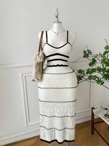 GalTyme 大码女式条纹镂空设计修身针织吊带裙 - 黑與白 - 查看 6