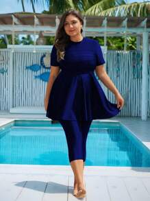 Swim Mulvari Plus Size Solid Color Short Sleeve Burkini Swim Suit Black Two Pieces Set For Summer Beach Vacation - Navy Blue - View 5