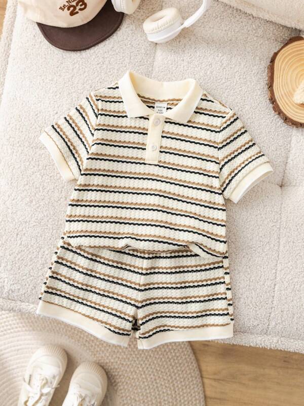 SHEIN Set van 2 babyjongens/meisjes casual gestreepte poloshirts en shorts met elastische taille, geschikt voor lente/zomer thuiskleding en uitjes