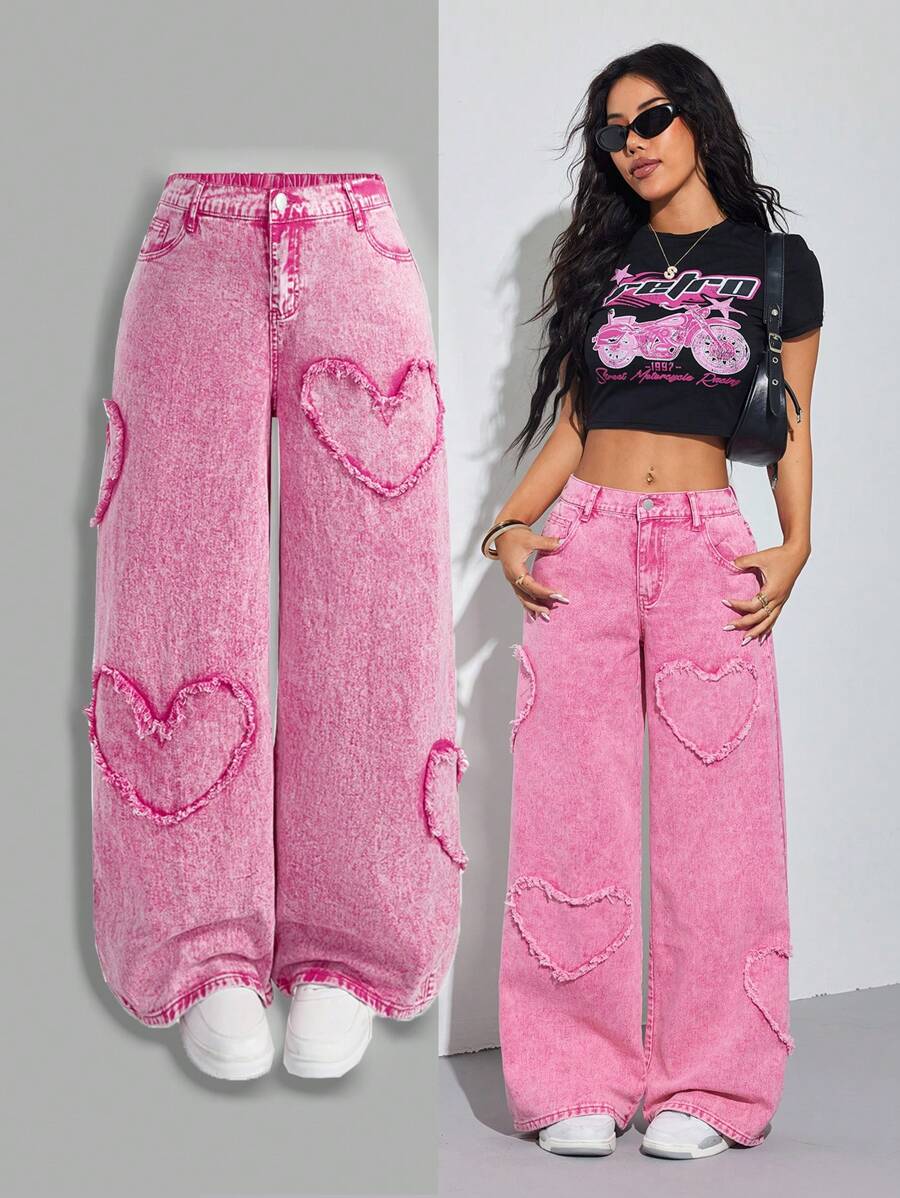 SHEIN PETITE Women's Pink Jeans Heart Pattern Y2K Summer Wide Leg Pants Comfortable Elastic Waistband - Pink - View 1