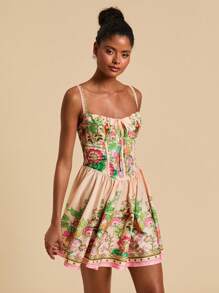 Travachic 女式花卉印花前系带细肩带浪漫度假连衣裙，女士度假装，女士度假装，海滩度假装，女士夏季装，女士夏季连衣裙，女士连衣裙，夏季连衣裙