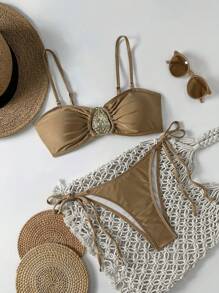 SHEIN 夏季新款闪亮面料可拆卸肩带金色配饰系带比基尼套装 - 咖啡棕 - 查看 5