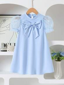 女童优雅圆领心形网眼泡泡袖蝴蝶结前部休闲时尚连衣裙，适合度假、旅行和生日礼物，夏季 - 淺藍色 - 查看 3