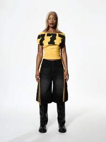 SUMWON WOMEN Off Shoulder Style Crop Top Wear Varsity Squad Dance Team Festival Fashion Streetwear Urban Aesthetic Fall