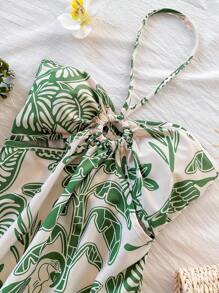 少女夏季时尚花卉印花休闲优雅度假连衣裙 - 綠色 - 查看 3