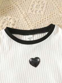 Tween Girl 2-Piece Set: Fitted Heart Patch Contrast Color Short Sleeve T-Shirt And Pleated Mini Skirt, Back To School - Black and White - View 7