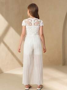 SHEIN 少女优雅花卉蕾丝领镂空刺绣拼接雪纺面料白色长款褶皱连体裤婚礼花童礼服 - 白色 - 查看 2