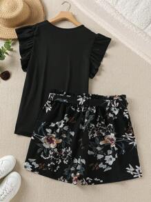 SHEIN LUNE Bộ 2 áo tay bồng màu trơn cỡ lớn và quần short họa tiết hoa, trang phục thường ngày cho kỳ nghỉ hè, trang phục mùa hè 2 món dành cho nữ - màu đen - Xem 2