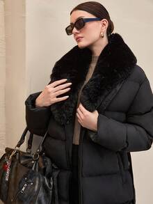 CLARA VERO Women's Solid Faux Fur Detailed Elegant Midi Winter Coat - Black - View 7