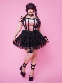 ROMWE Kawaii Camicia da donna di stile gotico vintage con bordo in pizzo a contrasto, stile palazzo, croce in velluto, taglie comode - nero - Visualizzare 7