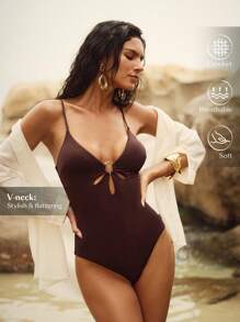 Anewsta Damen ärmelloses Badeanzug aus Unifarbenem Material mit Cut Out Metallring-Dekor für den Sommer