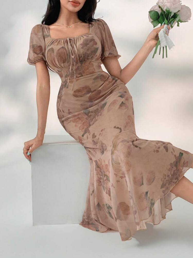 Women's Elegant Floral Off-Shoulder Puff Sleeve Fishtail Mid-Calf Dress, Summer Maxi Dress