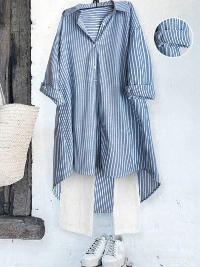Linhara Plus Size Women Blue And White Striped Shirt,French Retro Blouse,Summer Smart Casual Vacation Fashion,Chic Slim Fit Versatile Urban Lady Vibe Fall