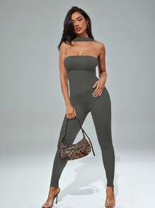 Denimoi 纯色性感露背颈链连体裤 - 灰色 - 查看 2