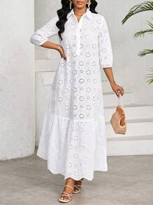 SHEIN Lady Women's Long Solid Color Eyelet Embriodery Dress, Fashionable For Summer White Dresses For Women,Dresses For Women Summer - White - View 5