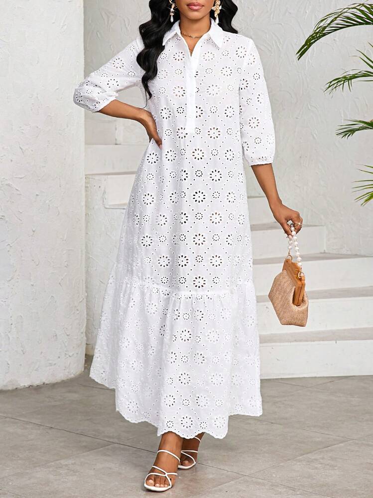SHEIN Lady Vestido largo de mujer de unicolor con bordado de ojetes, de moda para el verano - Blanco - Añade 5