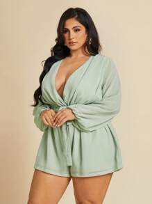 SHEIN BAE 加大码纯色低胸灯笼袖系带连体衣