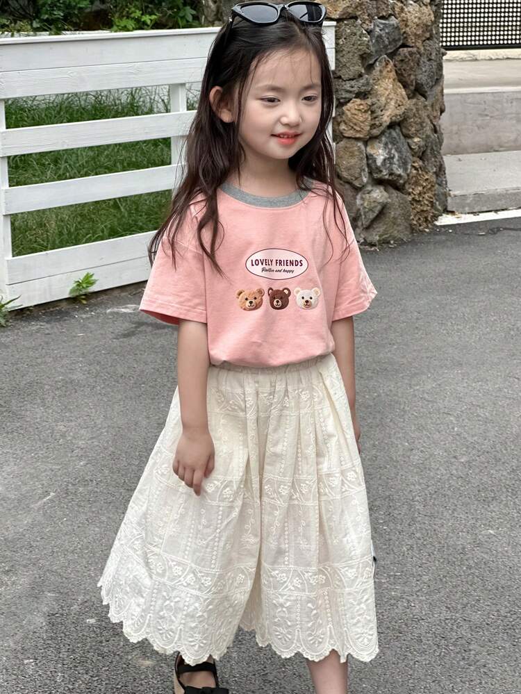 2pcs/Set Young Girls Cartoon Print Round Neck Short Sleeve T-Shirt And Casual Shorts, Summer Outfit